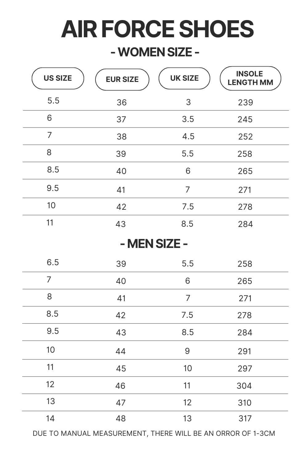 Air Force Shoes Size Chart - Foo Fighters Merch