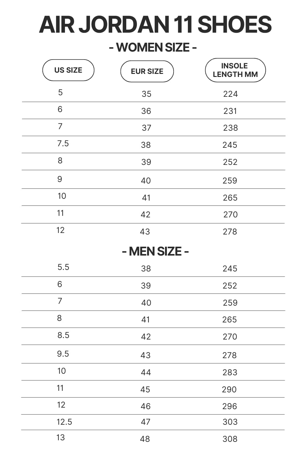 Air Jordan 11 Shoes Size Chart - Foo Fighters Merch