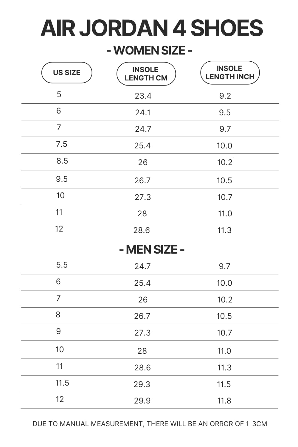 Air Jordan 4 Shoes Size Chart - Foo Fighters Merch