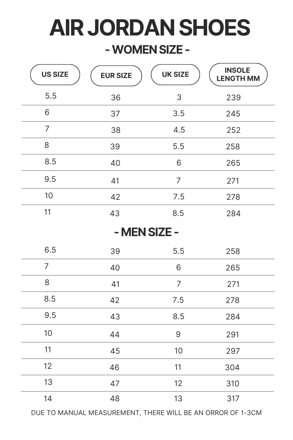 Air Jordan Shoes Size Chart - Foo Fighters Merch