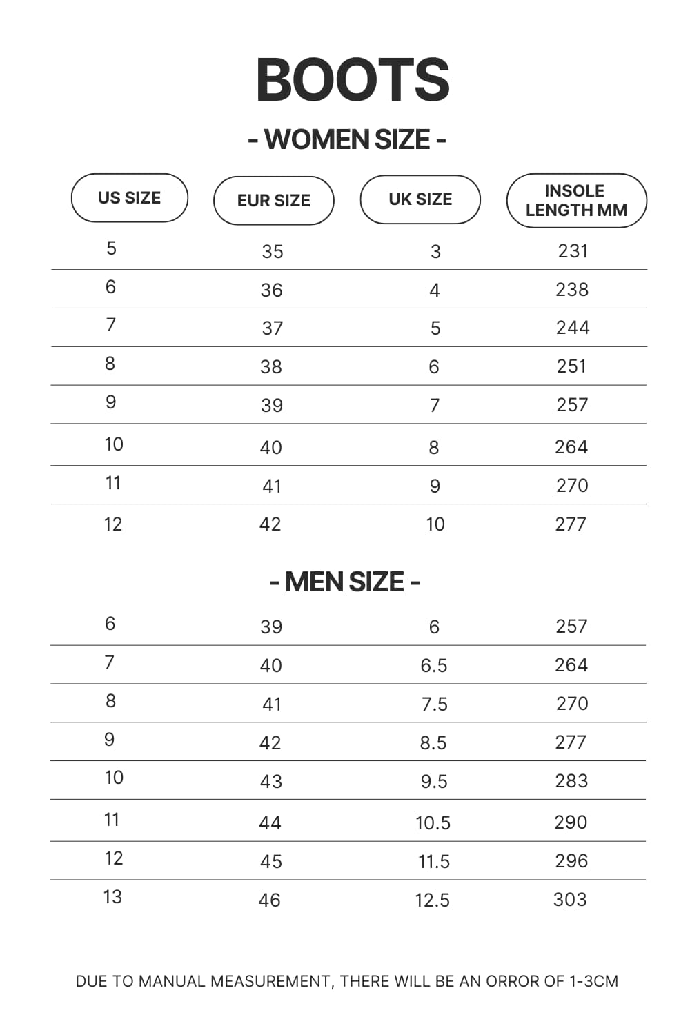 Boots Size Chart - Foo Fighters Merch
