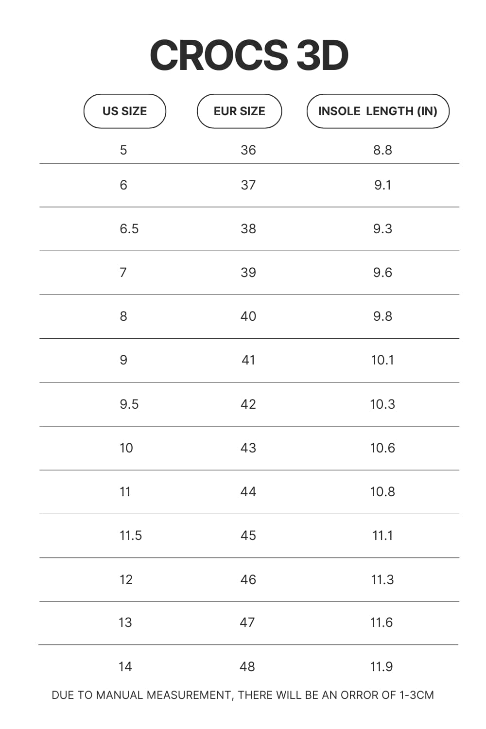 Crocs 3D Size Chart - Foo Fighters Merch