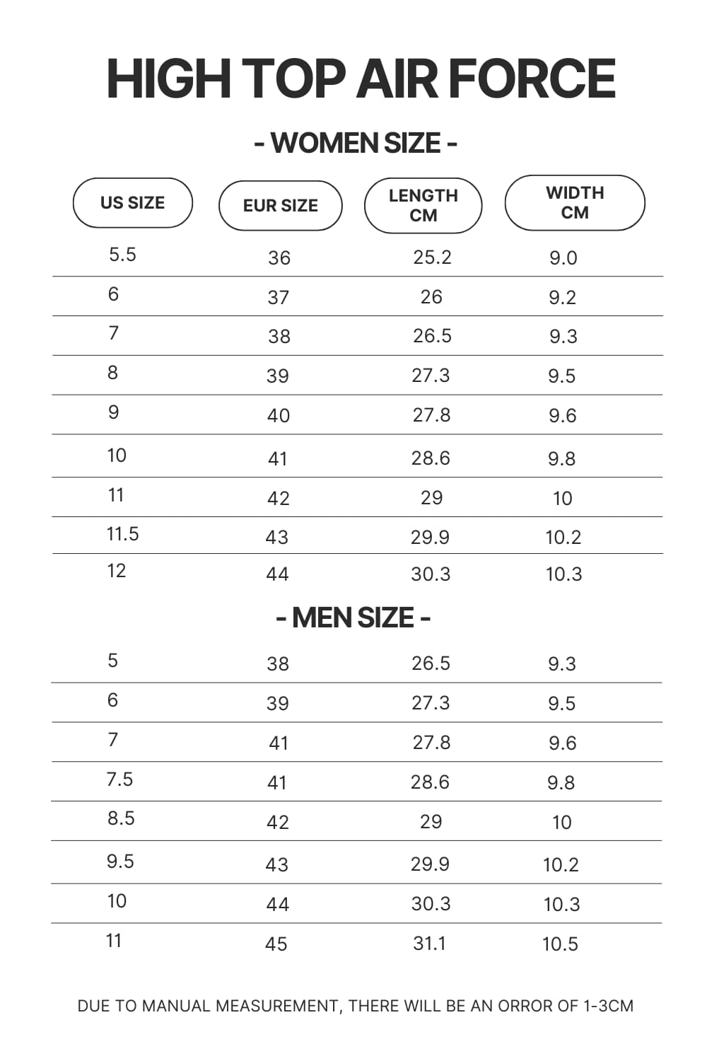 High Top Air Force Shoes Size Chart - Foo Fighters Merch
