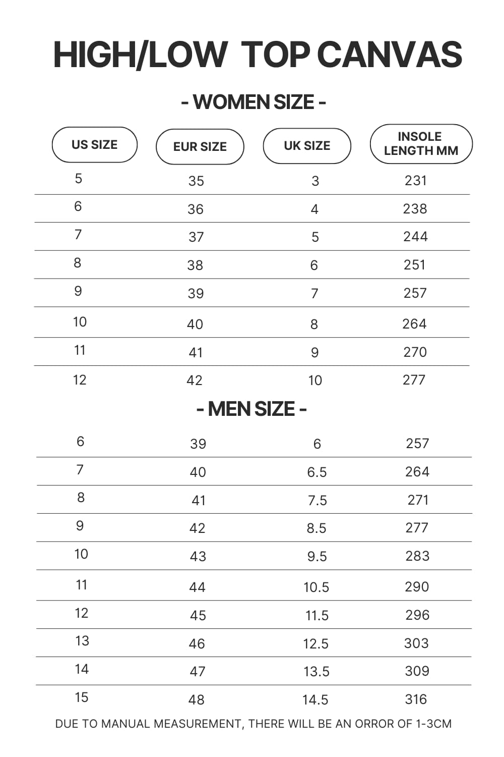 High Top Low Top Canvas Shoes Size Chart - Foo Fighters Merch