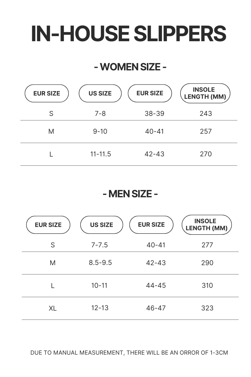 In House Slippers Size Chart - Foo Fighters Merch