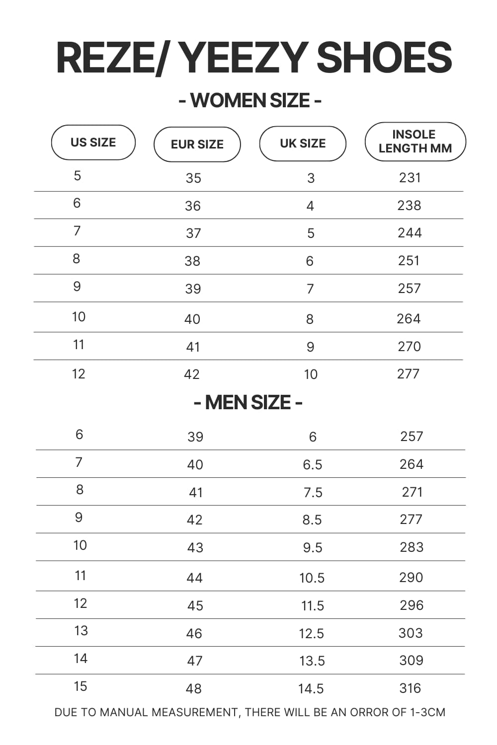 Reze Yeezy Shoes Size Chart - Foo Fighters Merch