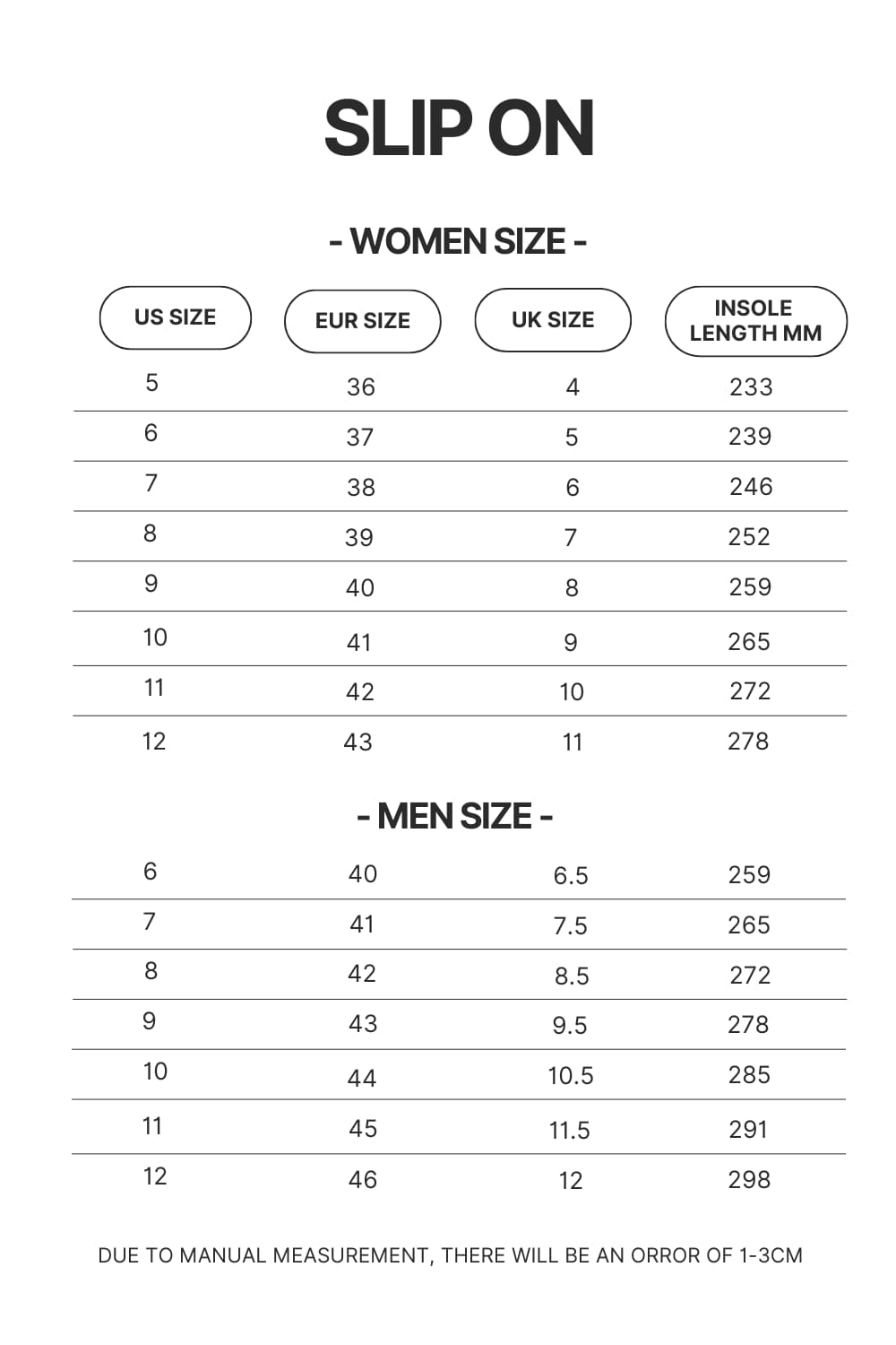 Slip On Size Chart - Foo Fighters Merch